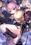  ass atelier_(series) atelier_sophie bare_shoulders barefoot blush cornelia_(atelier) dalachi_(headdress) emia_(castilla) eyebrows_visible_through_hair feathers highres looking_at_viewer pink_hair red_eyes short_hair solo 
