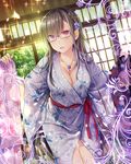  black_hair blush breasts cleavage collarbone company_name eyebrows_visible_through_hair falkyrie_no_monshou flower glasses hair_flower hair_ornament japanese_clothes kimono large_breasts looking_at_viewer natsumekinoko parted_lips petals purple_eyes solo sweatdrop yukata 