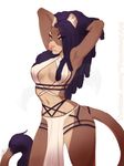  2017 anthro breasts brown_eyes brown_fur clothed clothing dreadlocks feline female fur hair hakuna invalid_tag lion loincloth looking_at_viewer mammal navel simple_background skimpy smile solo tuft vexstacy 