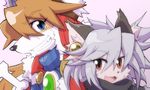  1boy 1girl artist_request blue_eyes brown_eyes brown_hair cat dog elh_melizee furry grin red_savarin solatorobo white_hair 