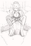  1girl ahoge anus ass bare_shoulders blush boots breasts bush cleavage detached_sleeves eyes_closed fingerless_gloves full_body gloves greyscale hat high_heel_boots high_heels highres iowa_(kantai_collection) koorimizu large_breasts long_hair miniskirt monochrome no_pussy outdoors panties panty_pull peeing pubic_hair skirt sleeveless sleeveless_shirt solo spread_legs squatting steam striped striped_legwear sweat text thighhighs translation_request tree trembling underwear upskirt vertical_striped_legwear vertical_stripes 
