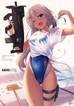  ;d arms_note blurry breasts brown_eyes bullpup competition_swimsuit covered_navel depth_of_field fang fukai_ryousuke grey_hair gun hair_ornament hair_ribbon hairclip highleg highleg_swimsuit holster long_hair looking_at_viewer one-piece_swimsuit one_eye_closed open_mouth ribbon see-through shirt small_breasts smile solo swimsuit swimsuit_under_clothes thigh_gap thigh_holster thigh_strap tied_shirt trigger_discipline untying very_long_hair weapon wet 