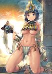  bare_shoulders black_hair blue_eyes blush breasts cloud commentary_request crown egyptian full_body jewelry kneeling large_breasts looking_at_viewer menace midriff navel open_mouth panties pelvic_curtain queen's_blade revealing_clothes sandals setra shiny shiny_hair shiny_skin short_hair sky solo striped striped_panties sunlight sunrise underboob underwear yoshimura_(yoshimura4shi) 