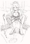  1girl ahoge anus ass bare_shoulders blush boots breasts bush cleavage detached_sleeves english fingerless_gloves full_body gloves greyscale hat high_heel_boots high_heels highres iowa_(kantai_collection) koorimizu large_breasts long_hair miniskirt monochrome no_pussy outdoors panties panty_pull peeing pubic_hair skirt sleeveless sleeveless_shirt solo spread_legs squatting star-shaped_pupils steam striped striped_legwear sweat symbol-shaped_pupils text thighhighs translation_request tree trembling underwear upskirt vertical_striped_legwear vertical_stripes 