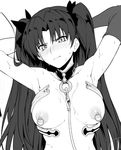  armpits asymmetrical_clothes bare_shoulders bdsm between_breasts black_gloves black_hair breasts collar fate/grand_order fate_(series) gloves hair_ribbon harukon_(halcon) ishtar_(fate/grand_order) jewelry large_breasts leash long_hair nipple_piercing nipples piercing ribbon single_glove solo sweat twintails 