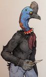  2016 ambiguous_gender anthro arm_tuft avian beak biped bird black_feathers blue_skin bracelet butterfly_knife cassowary chain claws clothed clothing collar crest crest_piercing digital_drawing_(artwork) digital_media_(artwork) feather_tuft feathers flat_chested furgonomics furry-specific_piercing glitteringteeth gloves_(marking) grey_skin holding_object holding_weapon humanoid_hands jeans jewelry knife markings melee_weapon multicolored_skin orange_markings orange_skin pants piercing portrait side_view simple_background solo spiked_collar spikes standing tail_feathers three-quarter_portrait topless tuft wattle wattle_piercing weapon white_background yellow_markings yellow_sclera 