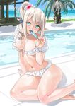  artist_name barefoot bikini breasts cleavage commentary_request day eating elf food frilled_bikini frills green_eyes holding holding_food looking_at_viewer medium_breasts naka_akira navel open_mouth original outdoors pointy_ears ponytail pool poolside popsicle signature silver_hair sitting solo swimsuit thighs white_bikini yokozuwari 