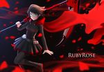  black_dress black_hair cape character_name cloak crescent_rose dress frilled_dress frills gradient_hair hood hooded_cloak long_sleeves multicolored_hair petals red_cape red_hair rose_petals ruby_rose rwby scythe short_hair silver_eyes siraha solo two-tone_hair 