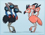  2016 3_heads alternate_species ambiguous_gender angry avian beak biped bird black_feathers blue_background blue_border blue_skin border cassowary claws crest digital_drawing_(artwork) digital_media_(artwork) digitigrade dodrio duo eye_contact facial_markings fak&eacute;mon feathers feral flamingo grey_beak grey_skin grey_stripes markings multi_head multicolored_beak muzzle_(marking) nintendo nude open_mouth pattern_background pink_beak pink_feathers pink_skin pok&eacute;mon raised_leg red_beak red_stripes regional_variant royalty_(artist) side_view signature simple_background smile standing striped_beak stripes tail_feathers talons video_games wattle webbed_feet white_skin 