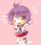  anchor_symbol black_neckwear black_sailor_collar chibi full_body kantai_collection kouu_hiyoyo necktie one_eye_closed pink_background pleated_skirt purple_eyes purple_hair red_skirt sailor_collar sakawa_(kantai_collection) school_uniform serafuku short_hair simple_background skirt sleeveless solo standing 