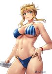  ahoge artoria_pendragon_(all) artoria_pendragon_(lancer) bangs bikini bikini_day blonde_hair blue_bikini blush bottle bracelet braid breasts cleavage commentary_request cuboon fate/grand_order fate_(series) green_eyes hair_between_eyes hand_on_hip holding jewelry large_breasts lips looking_at_viewer mismatched_bikini navel parted_lips sidelocks simple_background skindentation smile solo swept_bangs swimsuit twitter_username underboob white_background 