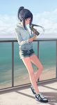 against_railing beach blue_eyes blue_hair breasts cellphone closed_mouth clothes_writing cloud cloudy_sky day digital_media_player earbuds earphones english expressionless full_body holding holding_phone hood hooded_sweater hoodie horizon huanxiang_heitu leaning_back looking_down love_live! love_live!_sunshine!! matsuura_kanan ocean outdoors phone ponytail shoes short_shorts shorts sidelocks sky small_breasts smartphone sneakers socks solo sweater thermos watermark web_address 