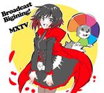  black_dress black_hair cape commentary_request dress engrish iesupa petals ranguage red_cape red_hair ruby_rose rwby silver_eyes translation_request welsh_corgi zwei_(rwby) 