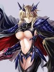  armor armored_dress artoria_pendragon_(all) artoria_pendragon_(lancer_alter) bangs blonde_hair blush breasts cape cleavage commentary_request cowboy_shot edobox fate/grand_order fate_(series) gauntlets horns large_breasts looking_at_viewer navel pauldrons shiny shiny_clothes shiny_hair shiny_skin short_hair sideboob sidelocks smile solo underboob yellow_eyes 