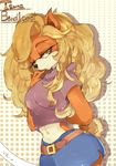 abstract_background anthro bandicoot belt black_nose blonde_hair blue_bottomwear blue_clothing blue_shorts breasts character_name clothed clothing countershade_face countershade_torso countershading crash_bandicoot_(series) crop_top digital_media_(artwork) english_text eyebrows eyelashes female finger_to_mouth fully_clothed fur green_eyes hair hair_intakes half-closed_eyes hand_behind_back head_tilt japanese_text kemono long_hair looking_at_viewer mammal marsupial medium_breasts mouth_closed multicolored_fur navel orange_fur polka_dots portrait purple_clothing purple_shirt purple_topwear shirt short_ears short_sleeves short_tail shorts side_view small_ears solo standing tan_countershading tan_fur tawna_bandicoot text three-quarter_portrait translated tsumugihara_aoi turtleneck video_games wavy_hair yellow_fur yellow_tail 