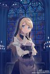  bangs blonde_hair blue_eyes breasts bustier chandelier closed_mouth detached_collar dress finger_to_mouth gloves habit huanxiang_heitu indoors medium_breasts nun object_hug original puffy_sleeves smile solo stained_glass swept_bangs white_gloves wrist_cuffs 