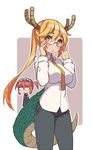  adjusting_eyewear blonde_hair breasts cosplay costume_switch dragon_tail dress_shirt glasses hair_between_eyes horns kobayashi-san_chi_no_maidragon kobayashi_(maidragon) kobayashi_(maidragon)_(cosplay) kugi_ta_hori_taira large_breasts looking_at_viewer maid_headdress multiple_girls necktie one_side_up opaque_glasses orange_eyes pants parted_lips rimless_eyewear shirt short_sidetail simple_background slit_pupils tail tooru_(maidragon) tooru_(maidragon)_(cosplay) 