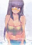  bare_shoulders blush breasts cleavage closed_mouth commentary_request copyright_name eyebrows_visible_through_hair glasses hair_down haruchika large_breasts long_hair looking_to_the_side midriff namaniku_atk narushima_miyoko pool purple_eyes purple_hair semi-rimless_eyewear solo swimwear wet yellow-framed_eyewear 