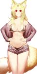  animal_ear_fluff animal_ears ayakashibito bare_legs bare_shoulders bikini bikini_under_clothes black_bikini blonde_hair breasts closed_mouth commentary_request denim denim_shorts eyebrows_visible_through_hair eyes_visible_through_hair fox_ears fox_tail hair_over_breasts hand_on_hip highres hounan kasei_yukimitsu large_breasts long_hair looking_at_viewer off_shoulder open_clothes red_eyes short_shorts shorts simple_background solo standing swimsuit tail white_background 