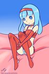  1girl aqua_eyes aqua_hair bare_shoulders boots character_request choker copyright_request elbow_gloves female gloves hairband leaning_back looking_at_viewer panties red_boots red_gloves ryuhi sitting smile solo striped_panties underwear 