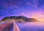  building enoshima highres lamppost niko_p no_humans original railing road scenery sky sunset tower water 