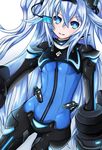  1girl bangs black_heart blue_eyes bodysuit breasts choujigen_game_neptune female hair_between_eyes head_mounted_display highres long_hair looking_at_viewer neptune_(series) next_black noire power_symbol small_breasts solo symbol-shaped_pupils very_long_hair visor white_hair 