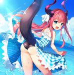  :d ass bangs bikini black_bikini blue_dress blue_eyes blue_sky blush cloud cloudy_sky commentary_request day dragon_tail dress dress_lift elizabeth_bathory_(fate) elizabeth_bathory_(fate)_(all) eyebrows_visible_through_hair fang fate/extra fate/extra_ccc fate_(series) fisheye floating_hair from_behind hair_between_eyes highres horns leaning_forward lifted_by_self long_hair looking_at_viewer looking_back ocean open_mouth outdoors pink_hair plaid plaid_dress pointy_ears ribbon sakurayume_kome sidelocks sky smile solo sundress swimsuit tail thighs v-shaped_eyebrows wading water 