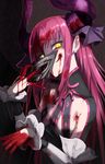  bangs blood blood_in_mouth bloody_hands breasts commentary_request elizabeth_bathory_(fate) elizabeth_bathory_(fate)_(all) eyebrows eyebrows_visible_through_hair fate/extra fate/extra_ccc fate_(series) glowing glowing_eyes horns long_hair looking_at_viewer mask red_hair samubbitti small_breasts solo yellow_eyes 