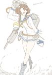  ankle_boots arm_up backpack bag belt binoculars bob_cut boots brown_hair canteen compass crossed_legs eyelashes high_heel_boots high_heels holding_binoculars kantai_collection legs looking_to_the_side map ninimo_nimo ocean on_water open_mouth rigging school_uniform serafuku short_hair shoulder_bag simple_background solo speaking_tube_headset thighs torpedo_tubes turret twitter_username walking walking_on_liquid water watson_cross waves white_background yukikaze_(kantai_collection) 