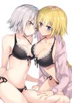  bangs bikini black_bikini blonde_hair blue_eyes blush braid breasts closed_mouth collarbone commentary_request eyebrows_visible_through_hair fate/apocrypha fate/grand_order fate_(series) front-tie_bikini front-tie_top frown grey_hair hood hoodie jeanne_d'arc_(alter)_(fate) jeanne_d'arc_(fate) jeanne_d'arc_(fate)_(all) lace lace-trimmed_bikini large_breasts light_frown long_hair looking_at_viewer medium_breasts multiple_girls open_clothes open_hoodie side-tie_bikini sidelocks simple_background single_braid sitting smile swimsuit thighs white_background yamabukiiro yellow_eyes 