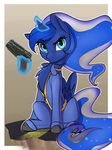  blue_eyes blue_feathers blue_fur captainpudgemuffin equine feathered_wings feathers friendship_is_magic fur gun horn looking_at_viewer mammal my_little_pony princess_luna_(mlp) ranged_weapon simple_background weapon winged_unicorn wings 