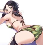  all_fours ass bikini black_gloves black_hair blush breasts camouflage camouflage_bikini fingerless_gloves gloves green_bikini green_eyes idolmaster idolmaster_cinderella_girls kawaty large_breasts long_hair looking_back open_mouth pouch side-tie_bikini sideboob simple_background smile solo swimsuit thigh_strap white_background yamato_aki 