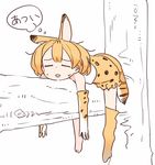  animal_ears animal_print blonde_hair closed_eyes commentary elbow_gloves gloves in_tree kasa_list kemono_friends lying on_stomach serval_(kemono_friends) serval_ears serval_print serval_tail single_thighhigh solo sweat tail thighhighs thought_bubble translated tree 