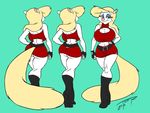  2016 animaniacs anthro big_breasts blonde_hair boots breasts butt cleavage cleavage_cutout clothed clothing dress female fingerless_gloves footwear furgonomics gloves hair hand_on_hip high_heels huge_breasts looking_at_viewer mammal midriff minerva_mink miniskirt mink multiple_poses mustelid navel pose rear_view shoes simple_background skirt smile solo teer wide_hips 
