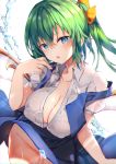  1girl alternate_breast_size amamitsu_kousuke bangs blue_dress blue_eyes blush breasts cleavage collarbone commentary_request cowboy_shot cum cum_in_pussy daiyousei dress erect_nipples eyebrows_visible_through_hair fairy_wings green_hair groin hair_between_eyes hair_ribbon hand_up highres large_breasts long_hair looking_at_viewer older parted_lips pinafore_dress puffy_short_sleeves puffy_sleeves ribbon shirt short_sleeves side_ponytail simple_background solo sweat touhou white_background white_shirt wing_collar wings yellow_ribbon 