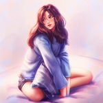 alexandra_mae artist_name banned_artist black_shorts blue_sweater brown_eyes brown_hair commentary deviantart_username indian_style long_hair long_sleeves open_mouth original parted_lips patreon_username pillow shorts signature sitting solo sweater watermark web_address 