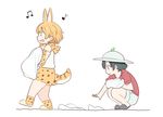  animal_ears commentary_request eighth_note elbow_gloves from_side gloves hat hat_feather helmet holding holding_towel kaban_(kemono_friends) kasa_list kemono_friends multiple_girls musical_note no_legwear open_mouth picking_up pith_helmet red_shirt serval_(kemono_friends) serval_ears serval_print serval_tail shirt short_sleeves shorts skirt slippers smile squatting tail towel walking 