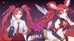  alternate_costume alternate_hair_color alternate_hairstyle bare_shoulders bow bowtie chewing_gum dakun fingerless_gloves gloves hair_ornament highres jinx_(league_of_legends) league_of_legends lipstick long_hair magical_girl makeup red_bow red_hair red_neckwear school_uniform skirt star_guardian_jinx tied_hair twintails very_long_hair 