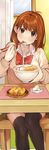  black_legwear blush bow bowl bowtie brown_hair brown_shirt chair chopsticks collared_shirt eating eyebrows_visible_through_hair feet_out_of_frame food highres holding holding_bowl kawai_makoto knees_together koufuku_graffiti long_hair long_sleeves looking_at_viewer machiko_ryou on_chair pleated_skirt red_neckwear shirt sitting skirt solo soup table thighhighs wings zettai_ryouiki 