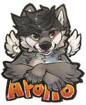  apollo_hale badge canine fur garnetto grey_fur heterochromia looking_at_viewer mammal wings wolf 