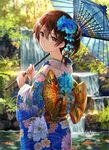  alternate_costume blue_kimono brown_eyes brown_hair cod day expressionless eyebrows_visible_through_hair floral_print flower from_behind fuji_choko hair_between_eyes hair_flower hair_ornament holding holding_umbrella japanese_clothes kaga_(kantai_collection) kantai_collection kimono long_sleeves looking_back oriental_umbrella outdoors rock short_hair side_ponytail solo tree umbrella water waterfall wide_sleeves 