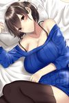  alternate_costume bare_shoulders bed_sheet black_bra black_legwear blue_sweater bra bra_strap breasts brown_eyes brown_hair cleavage closed_mouth collarbone hair_between_eyes hand_on_own_stomach highres kaga_(kantai_collection) kantai_collection large_breasts long_sleeves looking_at_viewer lying on_side onineko-chan ribbed_sweater solo sweater thighhighs underwear 