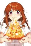  :t artist_name bangs bell_pepper blush breasts brown_hair cheese_trail closed_mouth dress_shirt eating eyebrows_visible_through_hair food highres holding holding_food holding_pizza kawai_makoto koufuku_graffiti large_breasts looking_at_viewer machiko_ryou meat official_art oversized_food pepper pink_eyes pizza shirt short_sleeves shrimp simple_background slice_of_pizza solo tomato translation_request upper_body watermark white_background white_shirt 