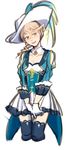  1girl alisha_diphda blush breasts brown_hair cleavage earrings gloves green_eyes hat jacket long_hair open_mout skirt tales_of_(series) tales_of_zestiria thighhighs 