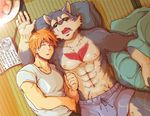  anthro canine clothed clothing cuddling dog drooling garmr human human_on_anthro interspecies male mammal muscular muscular_male saliva simamanta sleeping tokyo_afterschool_summoners topless underwear 