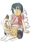  animal_ears artist_name black_legwear blue_eyes blue_hair commentary elbow_gloves gloves hand_on_another's_ass head_up_shirt kaban_(kemono_friends) kemono_friends multiple_girls print_gloves print_legwear print_skirt red_shirt serval_(kemono_friends) serval_ears serval_print serval_tail shirt simple_background sitting sketch skirt tail tail_wagging thighhighs translated white_background yotsura yuri 