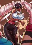  arms_(game) artist_name ass bare_shoulders bracelet breasts brown_background chilla_(arms) curvy dark_skin drill_hair earrings green_eyes highres ichigai_(hayawossan) jewelry large_breasts lips long_hair looking_at_viewer mask pink_hair signature simple_background smile solo thick_thighs thighs twin_drills twintelle_(arms) very_long_hair wide_hips 