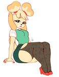  animal_crossing anthro canine clothing dog female isabelle_(animal_crossing) legwear lingerie lipstick looking_at_viewer mahmapuu makeup mammal mascara nintendo simple_background solo stockings thigh_thighs video_games white_background 