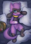  anthro bed blush canine digitigrade eyewear glasses handpaw hat haychel hi_res high-angle_view looking_at_viewer lying male mammal nintendo on_back on_bed paws pillow pinup pok&eacute;mon pose riolu seductive signature smile solo video_games young 