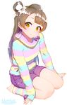  barefoot blush bow brown_hair eyebrows_visible_through_hair hair_bow horizontal_stripes leg_warmers long_hair long_sleeves looking_at_viewer loungewear love_live! love_live!_school_idol_project marshall_(wahooo) minami_kotori multicolored multicolored_stripes purple_bow purple_shorts shiny shiny_hair shorts simple_background sitting sleeves_past_wrists solo striped striped_sweater sweater wariza white_background yellow_eyes 